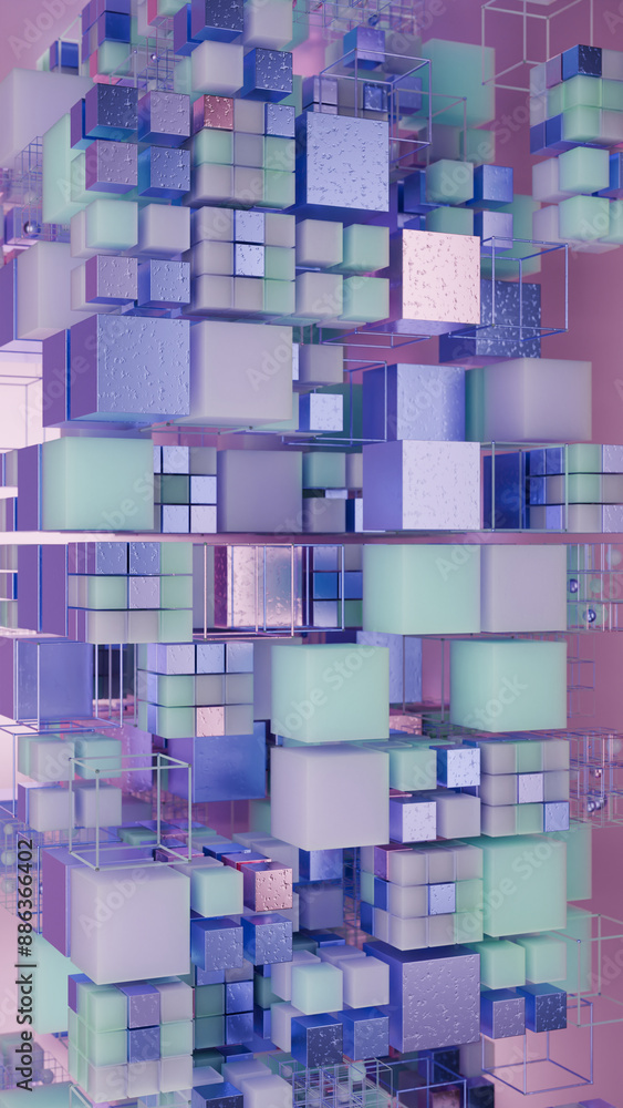 Poster abstract vertical illustration of an array of cubes. 3d rendering of a variety of cubes and crystal 