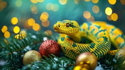Fototapeta premium A yellow-green snake on a New Year's background. The symbol of the Chinese New Year 2025.