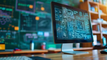 Computer screen with hand drawn graphs and charts on a wooden desk.