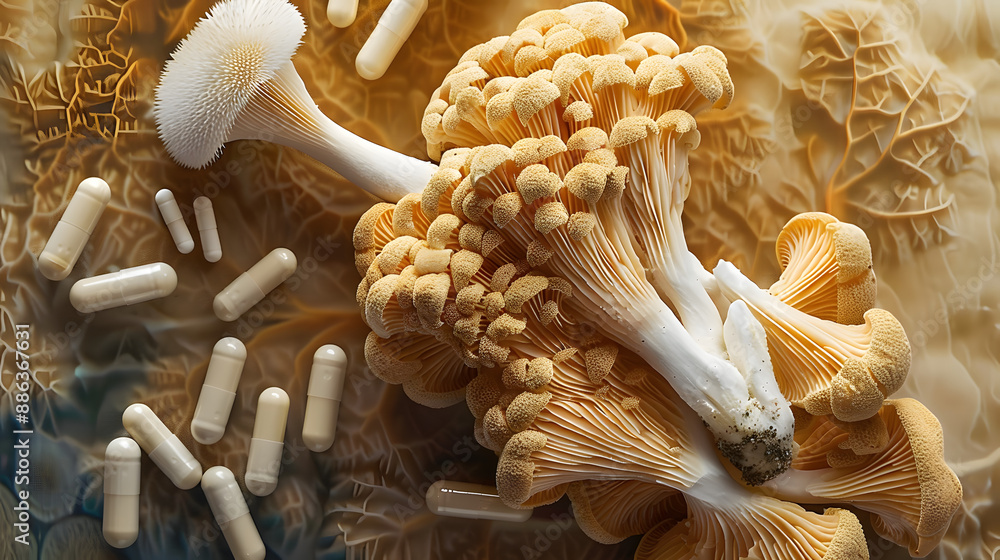 Poster overhead flat lay view of lions mane mushroom with vitamin supplement tablets