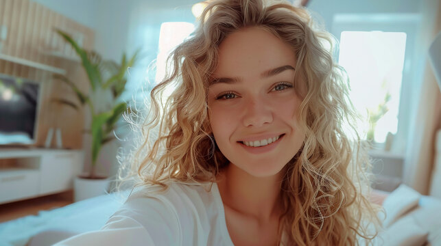 Young beautiful blonde woman with curly hair takes selfie in the house