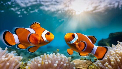 Clown fish Ocean Ballet: Playful Clownfish Among Vibrant Coral