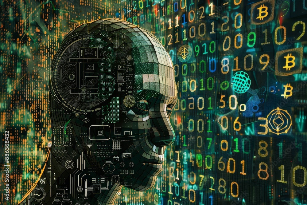 Poster a mans head is shown against a digital background, design a portrait of a computer-generated figure 