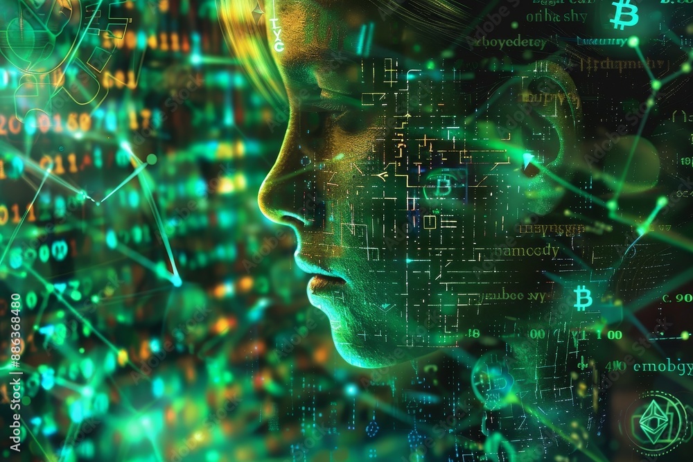 Poster a womans face in front of a computer screen, focused on what is displayed, design a portrait of a co