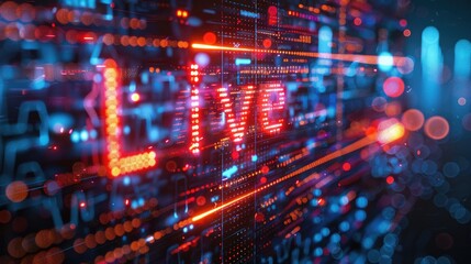 Obraz premium Neon sign of 'Live' with tech and media icons in backdrop