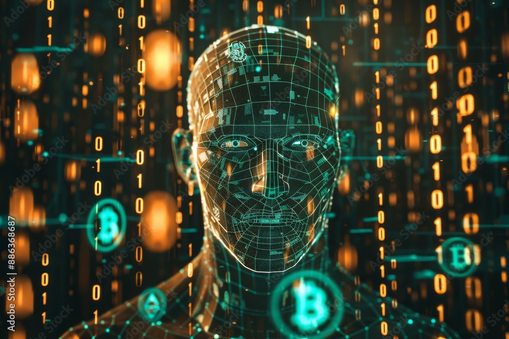 Poster a man balancing bitcoins on his head in a digital currency concept art, design a portrait of a compu