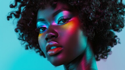 Close Up Portrait of a Woman With Colorful Makeup in Front of a Blue Background