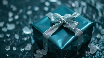 Teal Gift Box With Silver Ribbon and Decorative Pieces