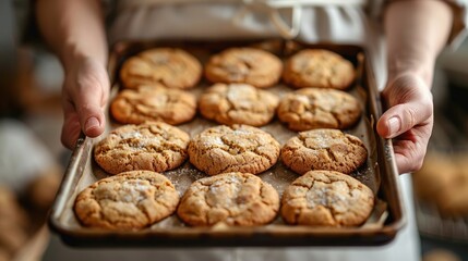 Hands holding a baking sheet with freshly baked cookies