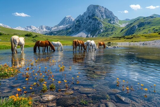 Beautiful horses drinking water in mountain scenery view
