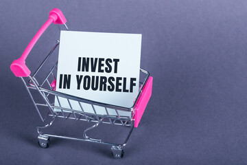 Small Pink Shopping Cart Holding a White Card With the Words Invest In Yourself