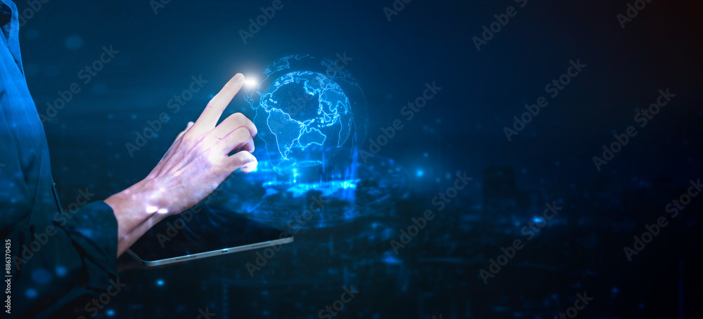 Poster future network concept hand touching the metaverse universe, a conceptual shift in digital transform