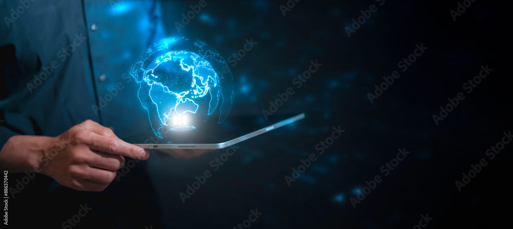 Poster future network concept hand touching the metaverse universe, a conceptual shift in digital transform