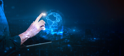 future network concept Hand touching the Metaverse Universe, A Conceptual Shift in Digital Transformation for Next-Generation Technology.