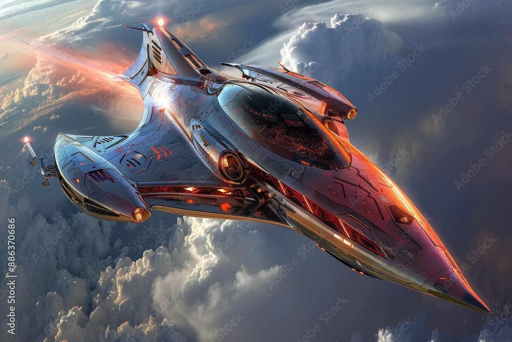 Poster a futuristic spaceship defying the laws of physics as it flies through a cloudy sky, design a spacec