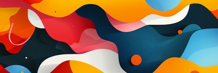 Colorful shapes in an abstract geometric background with irregular arrangement and curves, designed for seasonal marketing and discounts, offering ample copy space