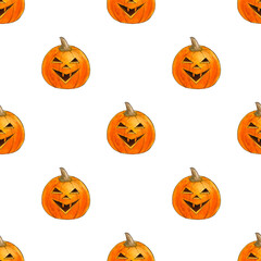 Halloween seamless pattern Jack o Lantern, orange pumpkin. Hand drawn watercolor illustration for scrapbooking, invitation, card, wrapping paper, holiday party, textile, wallpaper, flyers.