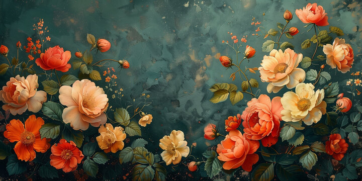 Beautiful fantasy vintage wallpaper with botanical flower bunch, ideal for floral print digital backgrounds.