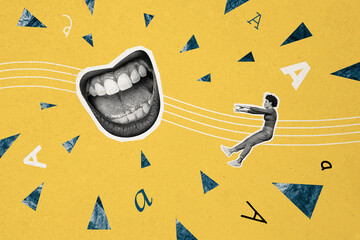 Composite photo collage of scream mouth hate concept scared american girl fly away racism bully...