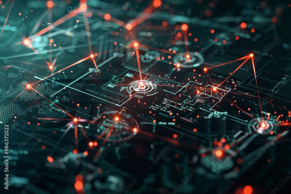 Poster visualization of a computer network under malware attack, represented by red and orange lines connec