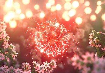 Red Fireworks Burst in Flowery Night Sky