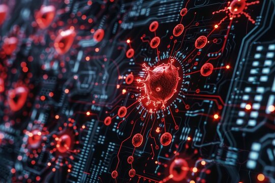 A circuit board showing signs of infection with red cells, indicating a potential malware attack, Design a visual representation of a malware attack on a network