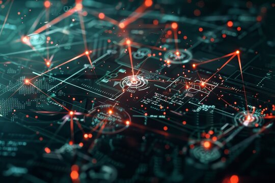 Visualization of a computer network under malware attack, represented by red and orange lines connecting nodes, Design a visual representation of a malware attack on a network