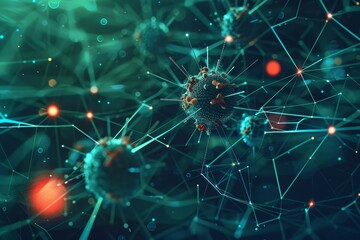 Intricate network of interconnected neurons displayed in a 3D representation, Design a visual representation of a malware attack on a network