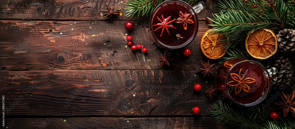 Poster Overhead view of festive mulled wine on a rustic wooden table featuring ample copy space image