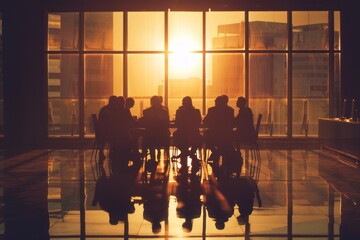 Office team meeting, silhouettes of company employees and coworkers sitting around the table.  Business office, Workplace office, Corporate, Corporation colleagues 