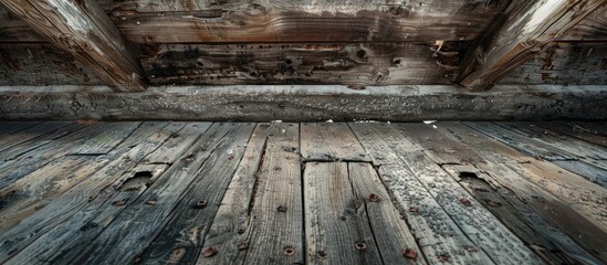 Obraz premium The underside of a weathered wooden structure displays missing boards base holes offering a view underneath and decayed planks clinging to aged beams creating a rustic aesthetic in the copy space ima