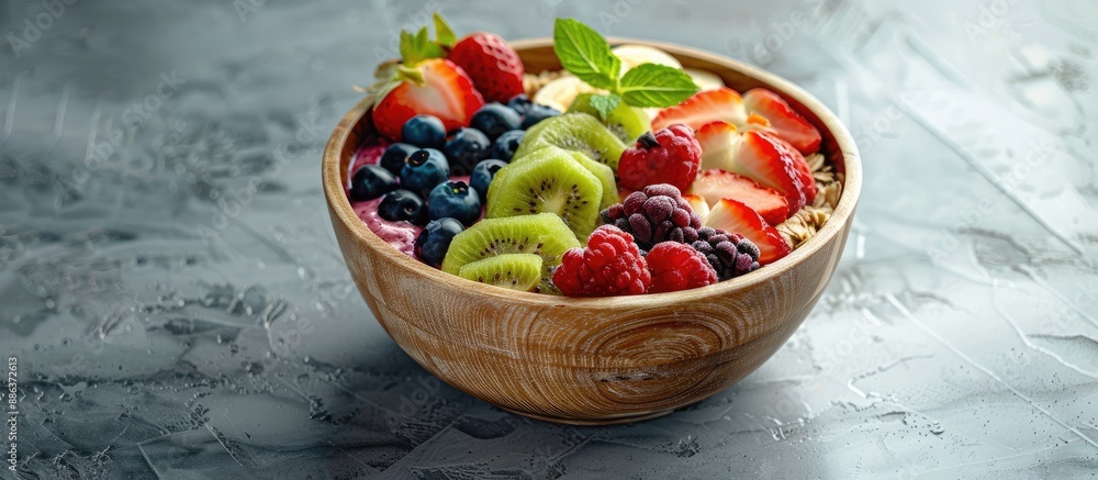 Poster boho hipster style smoothie bowl with fresh fruits on wooden bowl over a concrete table background p