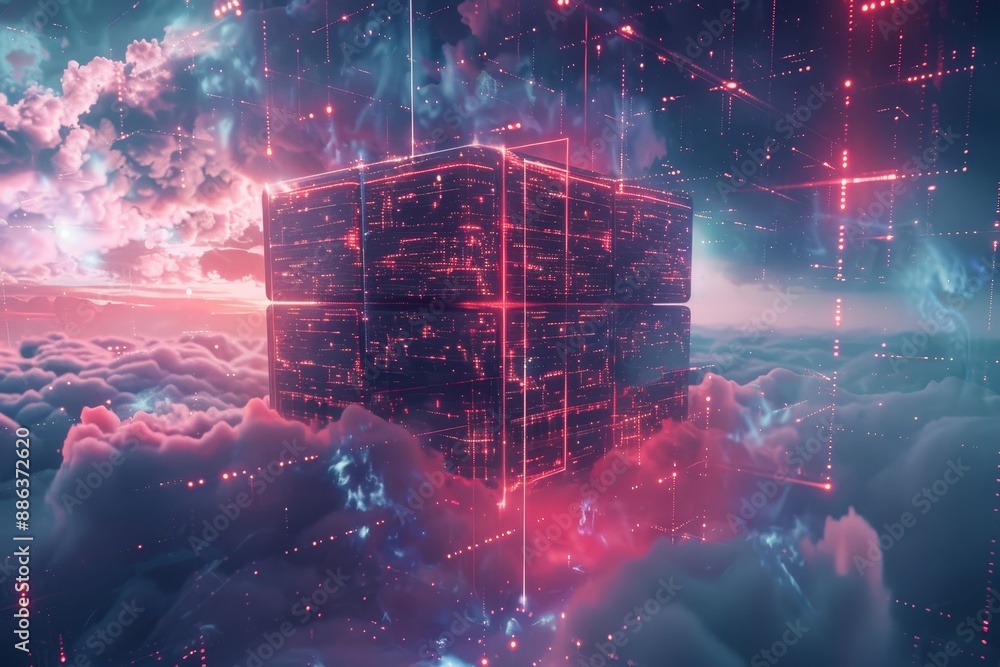 Poster a futuristic cube floating among the clouds in a striking and surreal scene, design a visually strik