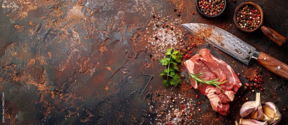 Poster Top view of raw pork meat prepared with a knife and assorted spices on a food themed background ideal for menu concept design with ample copy space image