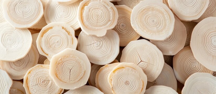 Detailed close up view of Tongkat Ali Pasak Bumi wood slices also known as Eurycoma longifolia or Malaysian ginseng Varying sizes with white ivory to light brown hues in oval shapes creating a visual