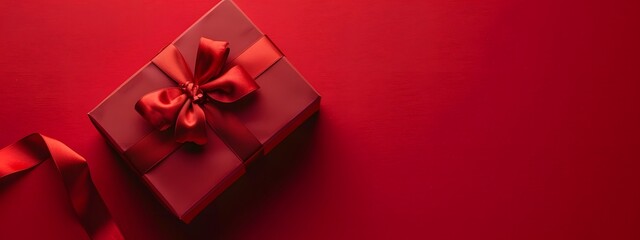 Red Gift Box with Ribbon on Red Background