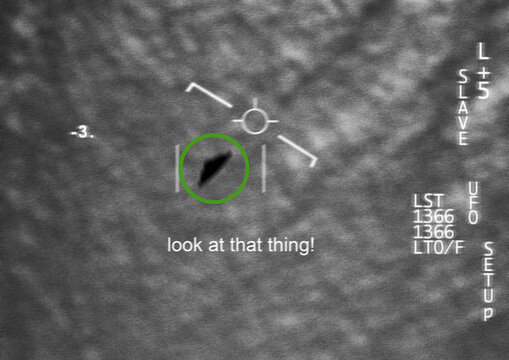 Satellite image, UFO spaceship and overlay text at night with FBI investigation and alien evidence. Surveillance, photo and area 51 recording of flying saucer and survey for mystery object in sky