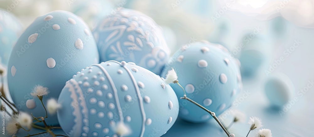 Poster close up image of blue and white easter eggs on a light backdrop with room for copying