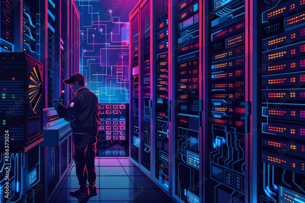 Poster man working in a server room, design a visually striking artwork that showcases the efficiency and r