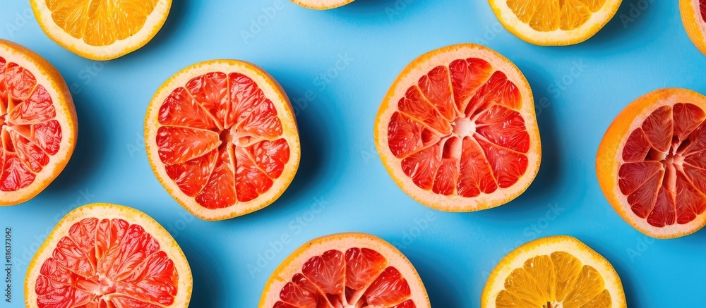 Poster Top view of vibrant grapefruit slices on a colored background creating a creative summer concept A half of the citrus fruit is displayed in a minimalistic flat lay with copy space image