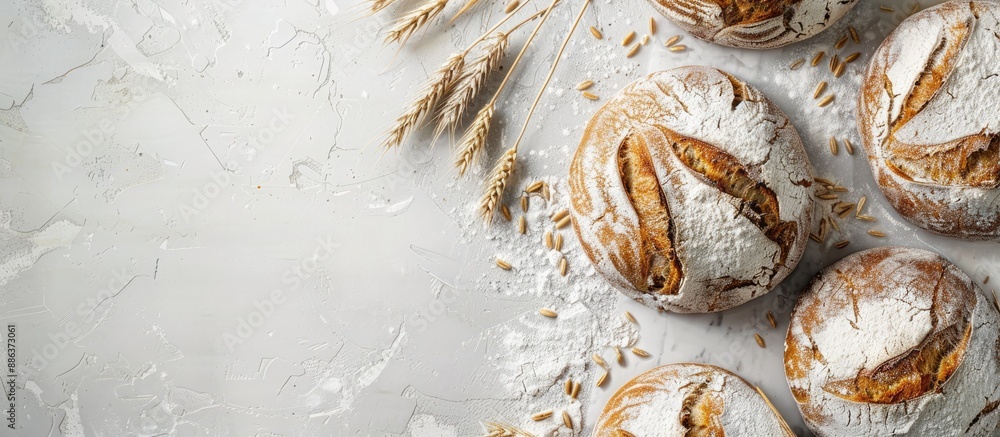 Poster Overhead view of rye and wheat loaves with flour traces on a white marble surface featuring a space for text ideal for a copy space image