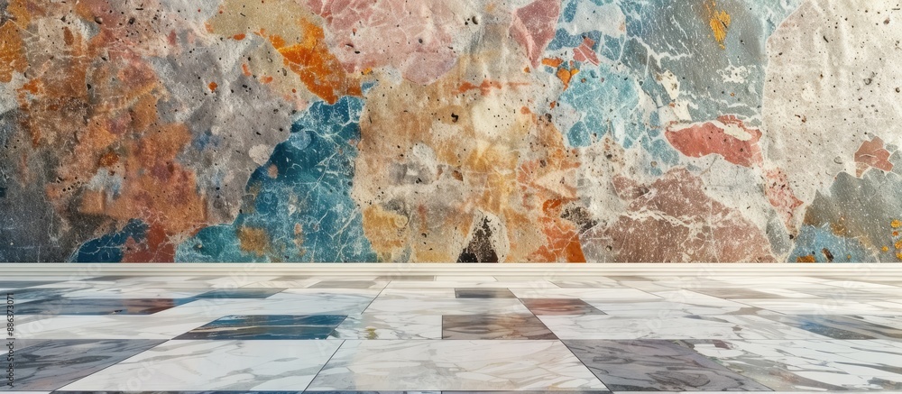 Aufkleber Terrazzo floor and stone wall with a textured marble surface create a background with a pattern and color suitable for displaying images with copy space