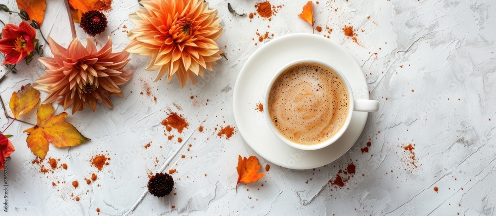 Poster Overhead view flat lay showcasing an autumn flower theme with a copy space image perfect for coffee lovers