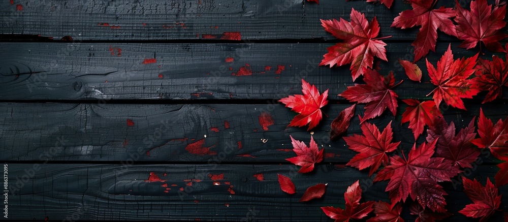 Aufkleber Autumn themed with red maple leaves on a dark wooden backdrop creating a striking image with copy space available