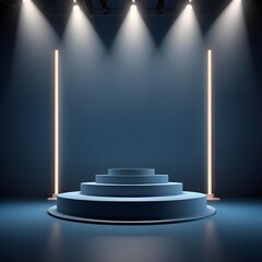 Obraz premium Sleek podium on a deep indigo backdrop, designed for a professional product display, copy space or presentation 