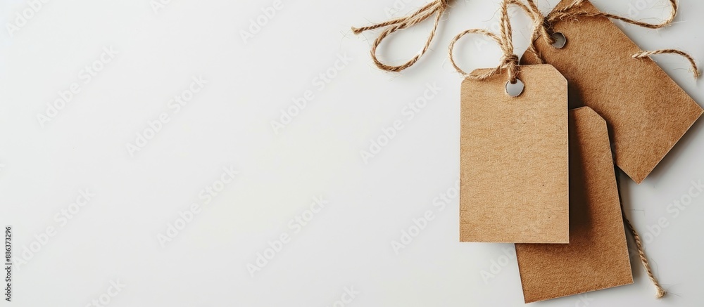 Poster copy space image of paper tags with string against a white backdrop suitable for scrapbooking