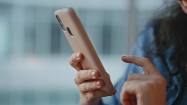 Closeup hand touching cellphone screen. Relaxed woman browsing mobile internet
