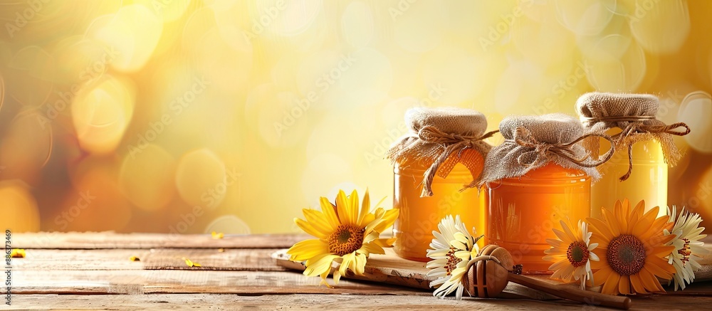 Poster color background with jars of honey and flowers providing copy space image