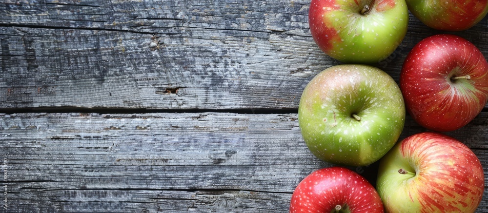 Poster copy space image with green and red apples on a grainy grey wooden background for text and templates