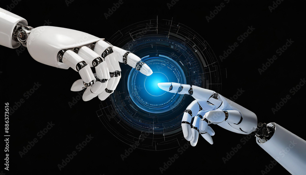 Poster ai, machine learning, hands of robot and human touching on big data network connection background, s